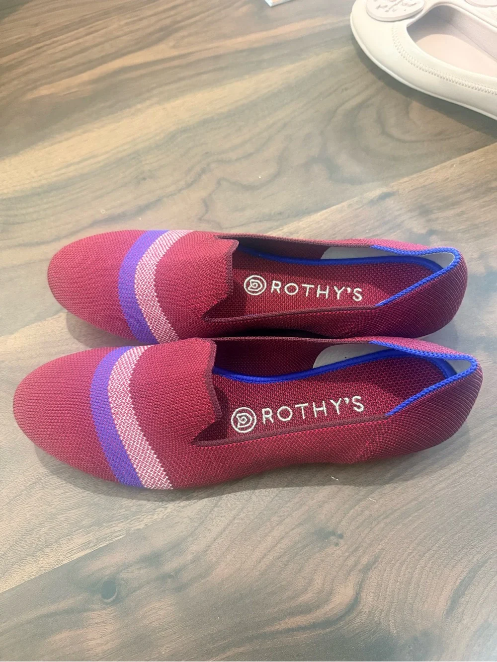 Rothy's Burgundy Flats with Beige and Blue Stripes - Picture 3 of 4